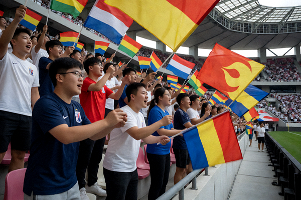 足球比赛看台上球迷挥舞旗帜的现场氛围